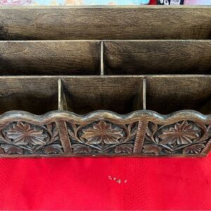Vintage Carved Wooden Organizer with Floral Motif - Brown